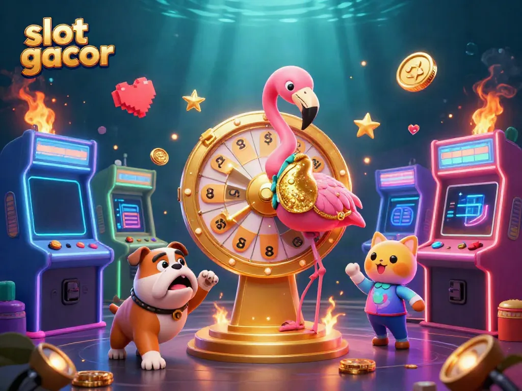 Engage with slot gacor thrills in an exciting 3D game show scene showcasing vibrant game elements.