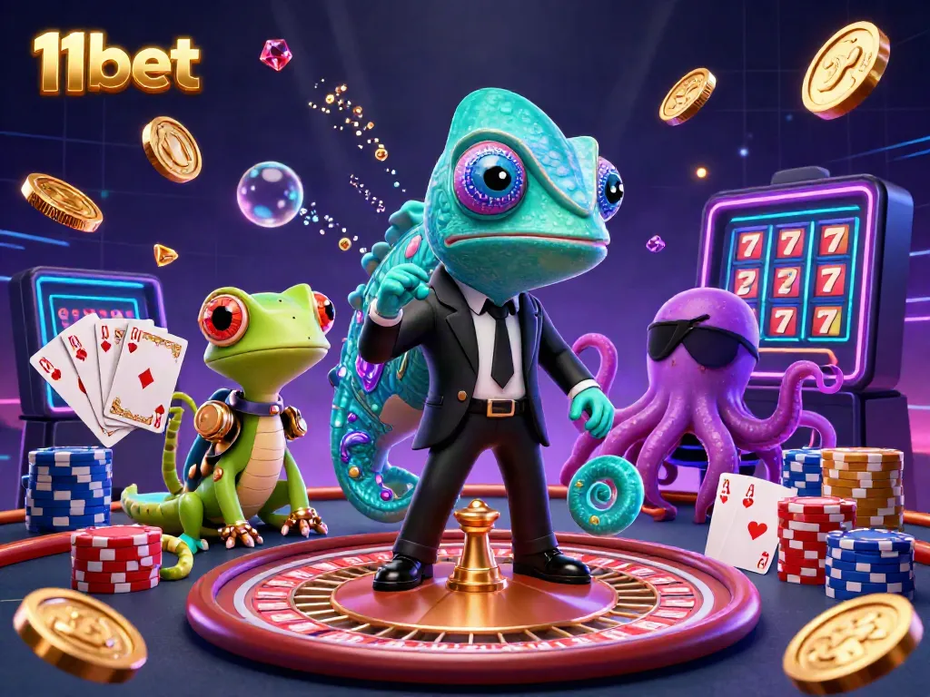 Engage with the excitement of 11bet through this dynamic 3D casino scene featuring vibrant characters and animated gaming elements.