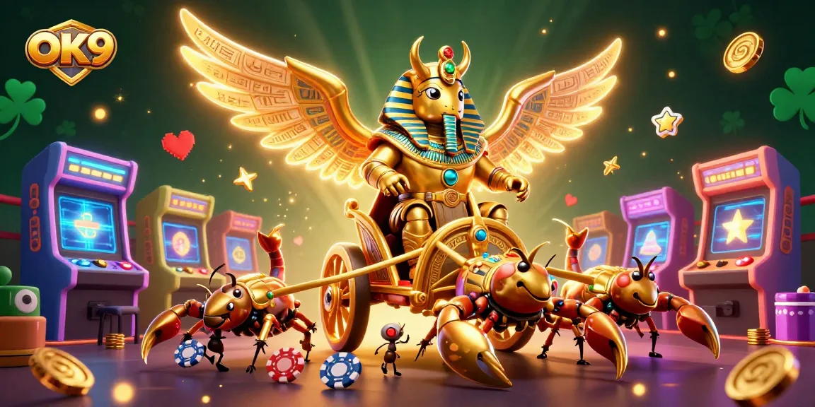 Engage in exciting betting experiences at OK9 with a dynamic illustration of 3D characters and vibrant casino elements.