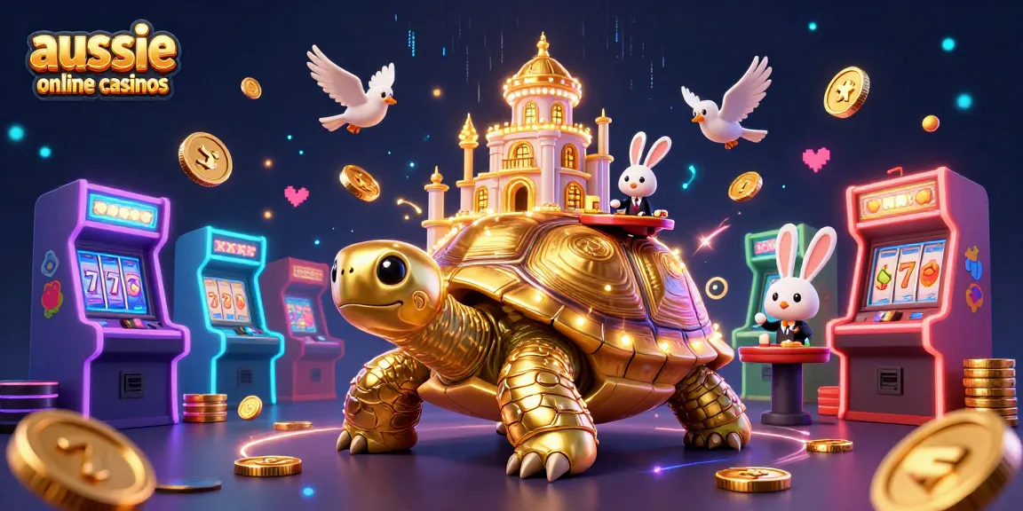 An illustration showcasing aussie online casinos with a golden tortoise casino, a rabbit dealer, and flying golden coins.