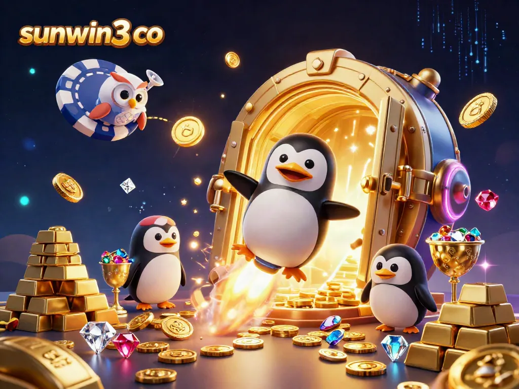 Experience thrilling fun with sunwin3 co, as a golden penguin journeys to a vibrant casino.