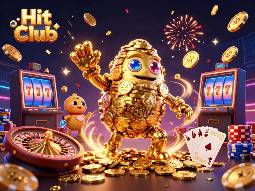 Engage with Hit Club's thrilling 3D casino world featuring gold coin golems and vibrant gaming elements.