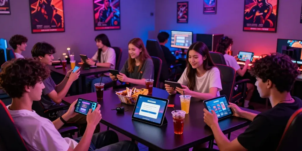 Group enjoying social gaming with ROKOK88 login on tablet in vibrant lounge.