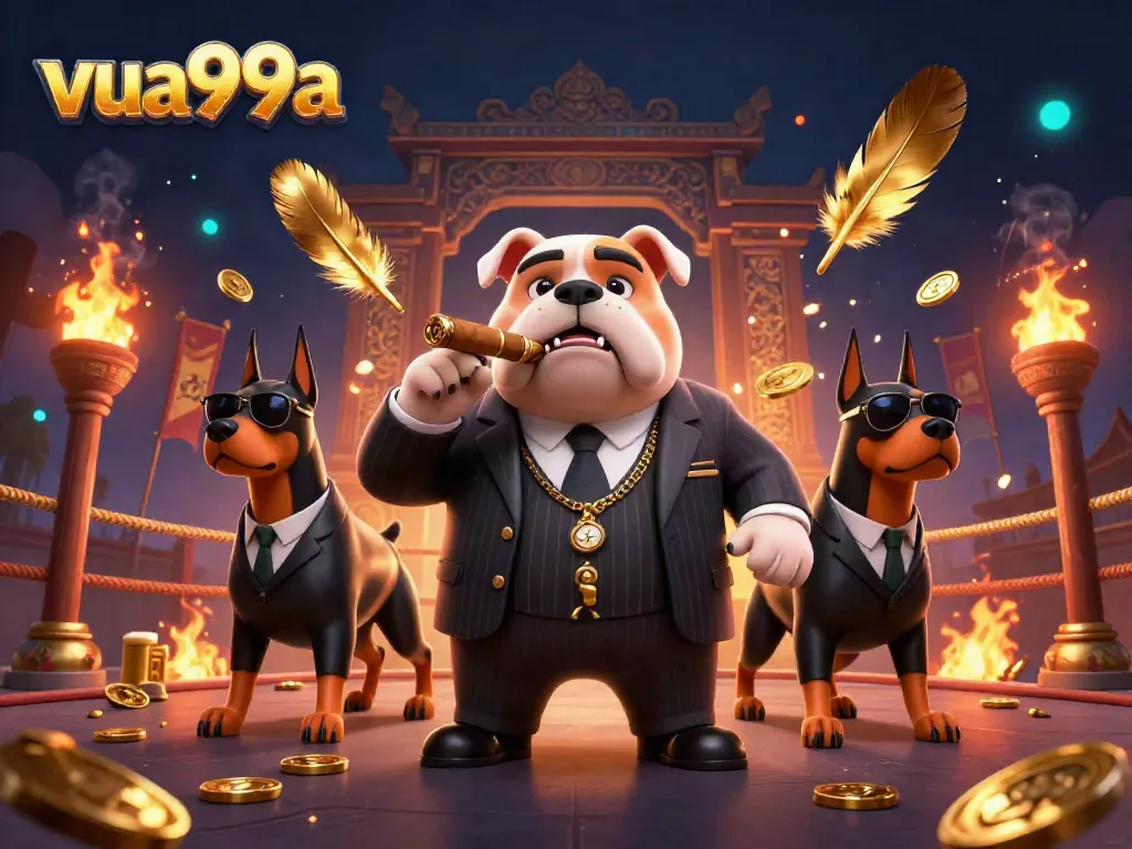 The mafia boss bulldog oversees a thrilling gaming scene at vua99a, surrounded by glory and excitement.