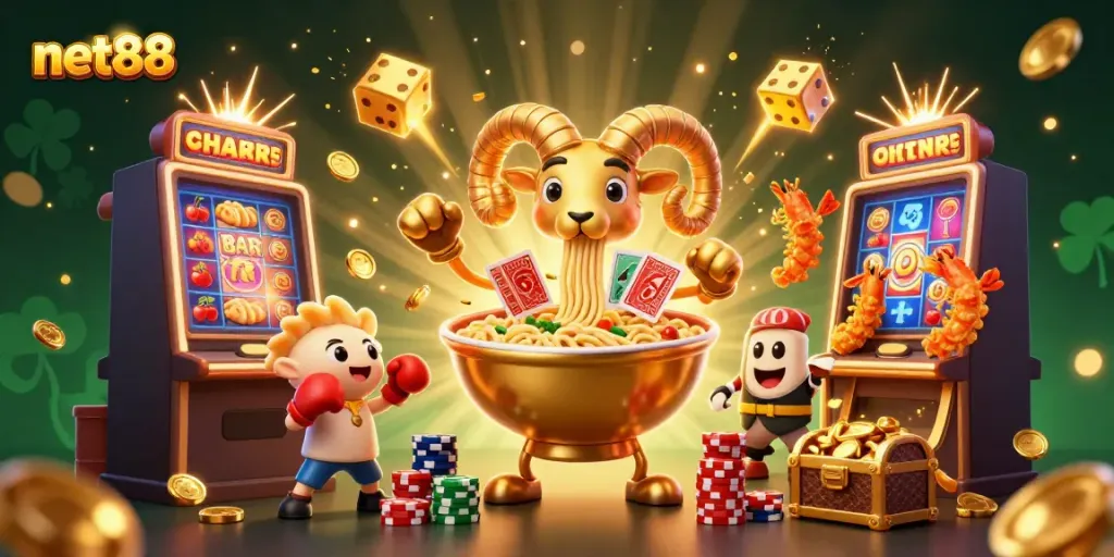 Experience the excitement of net88 with a vibrant casino illustration featuring playful characters and dynamic game elements.