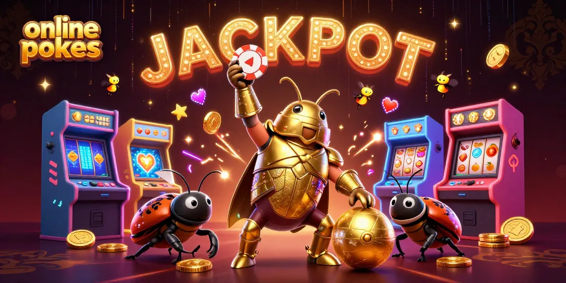 Play online pokies with excitement in this vibrant 3D illustration of a beetle in armor and casino elements.