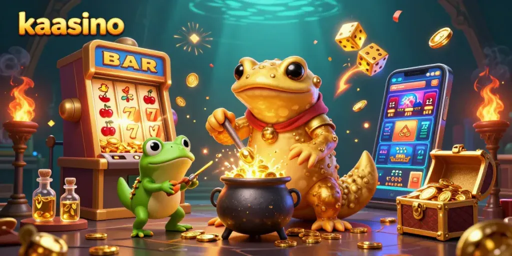 Play exciting games at kaasino with golden coins and treasure chests in a vibrant, animated casino scene.