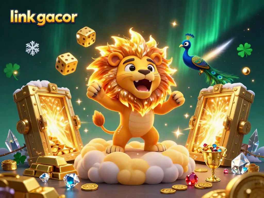 Spin to win with link gacor featuring a roaring lion and tumbling golden dice in a vibrant gambling scene.