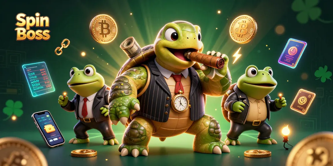 Spin Boss showcases a vibrant casino scene with a snapping turtle and bullfrog enforcers amidst crypto coins.