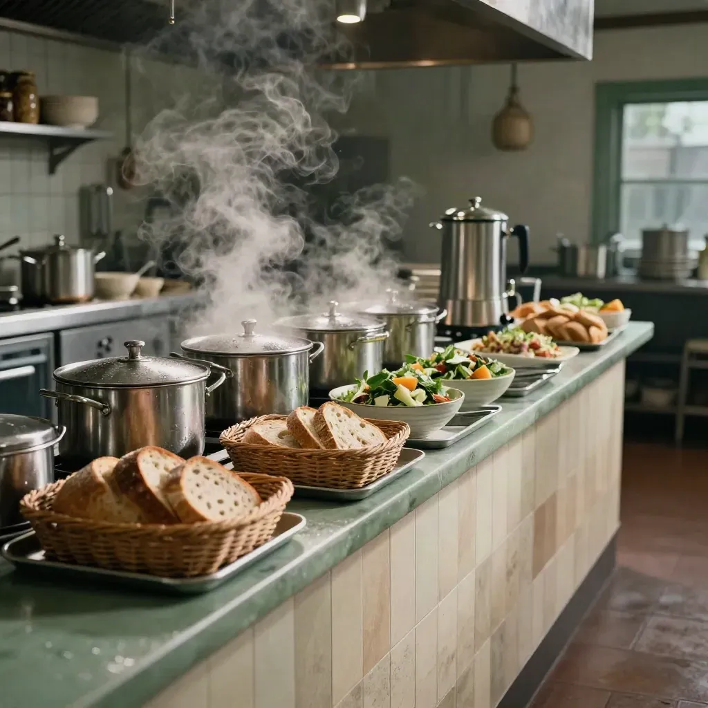 Cinematische lunchlijn in een kantoor-keuken met warme schalen, broodmanden en koffie.