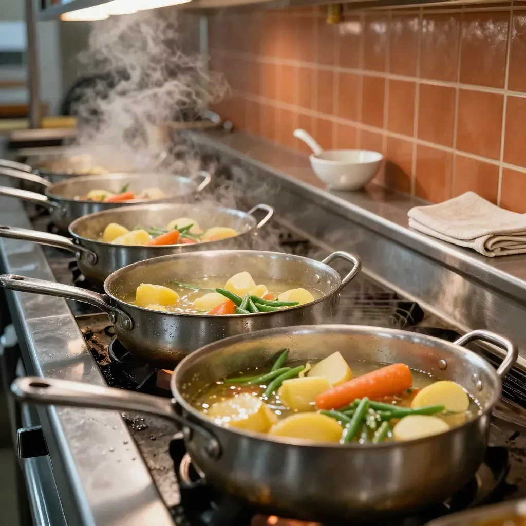 Stalen warmhoudbakken met stoof, groenten, aardappels en soep op een schooluitgifteband.