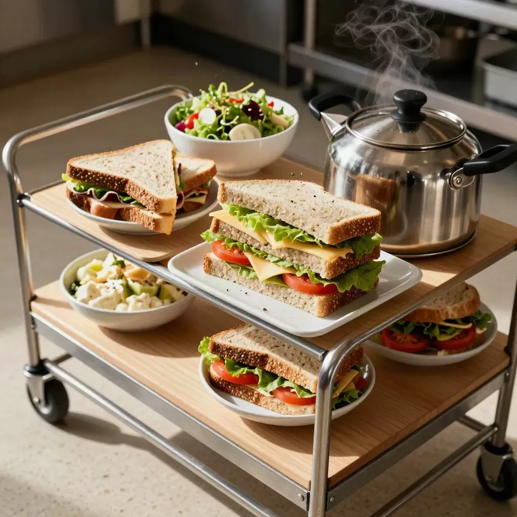 Broodjes, salades en soep op een rollende kantinekar van boven gezien.