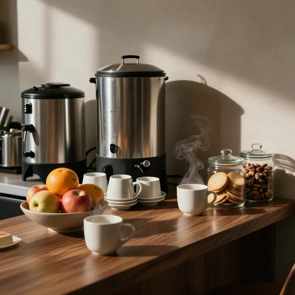 Koffiehoek met urns, kopjes, fruit en snacks op een compacte zelfbedieningsbalie.