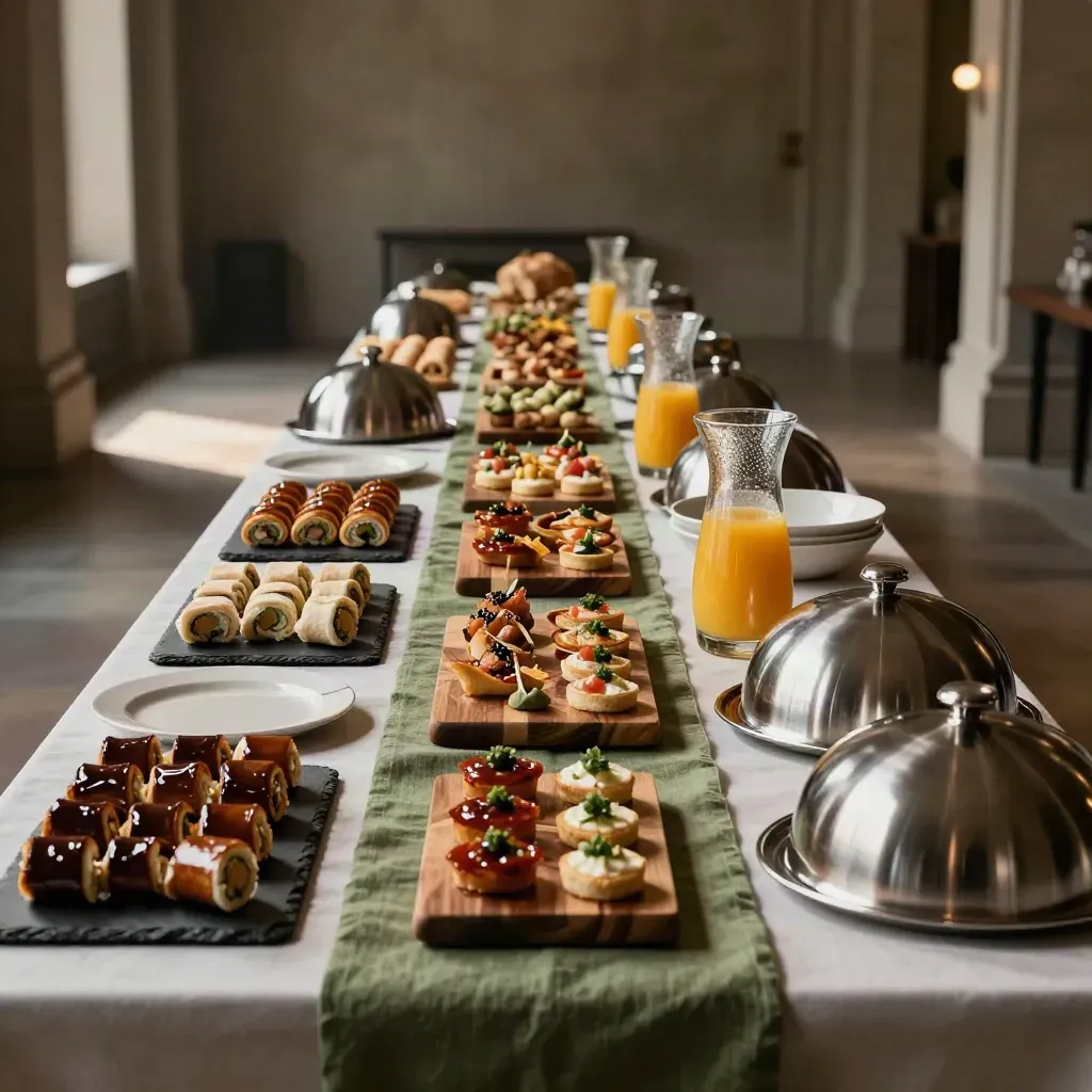 Lange eventcateringtafel met broodjes, hapjes en sapkaraffen in een sfeervolle ontvangstruimte.