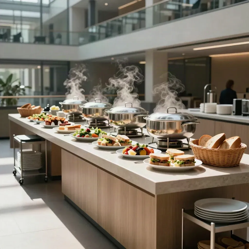 Buffet met lunchschalen, soepketels, broodmanden en een retourkar in een glazen Amsterdamse atrium.