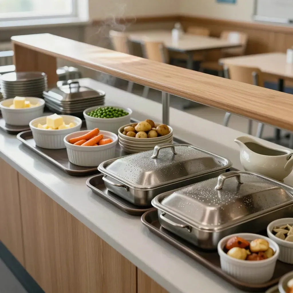 Warme schoolkantine met schalen, kindertabletten en groentegarnituur in daglicht.