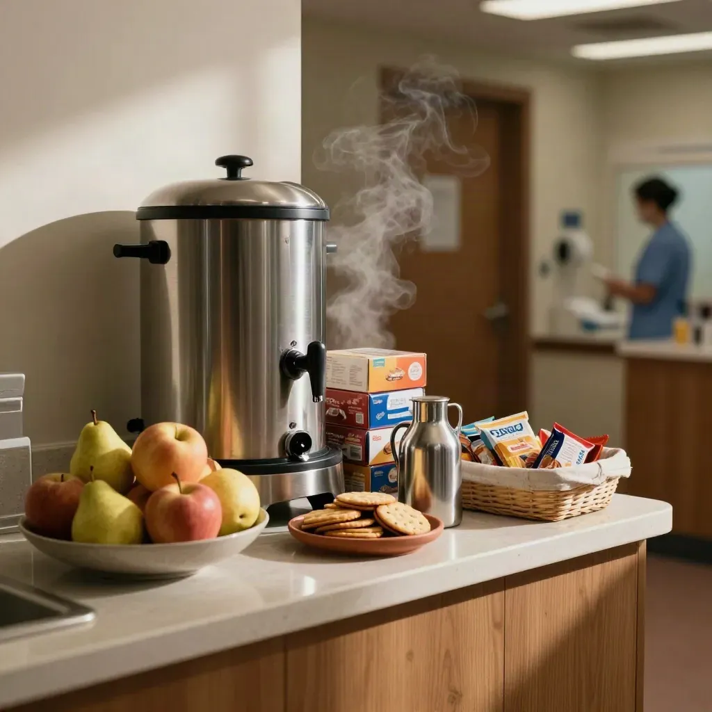Snackhoek in een zorgcorridor met koffie, fruit, crackers en nette snacks.