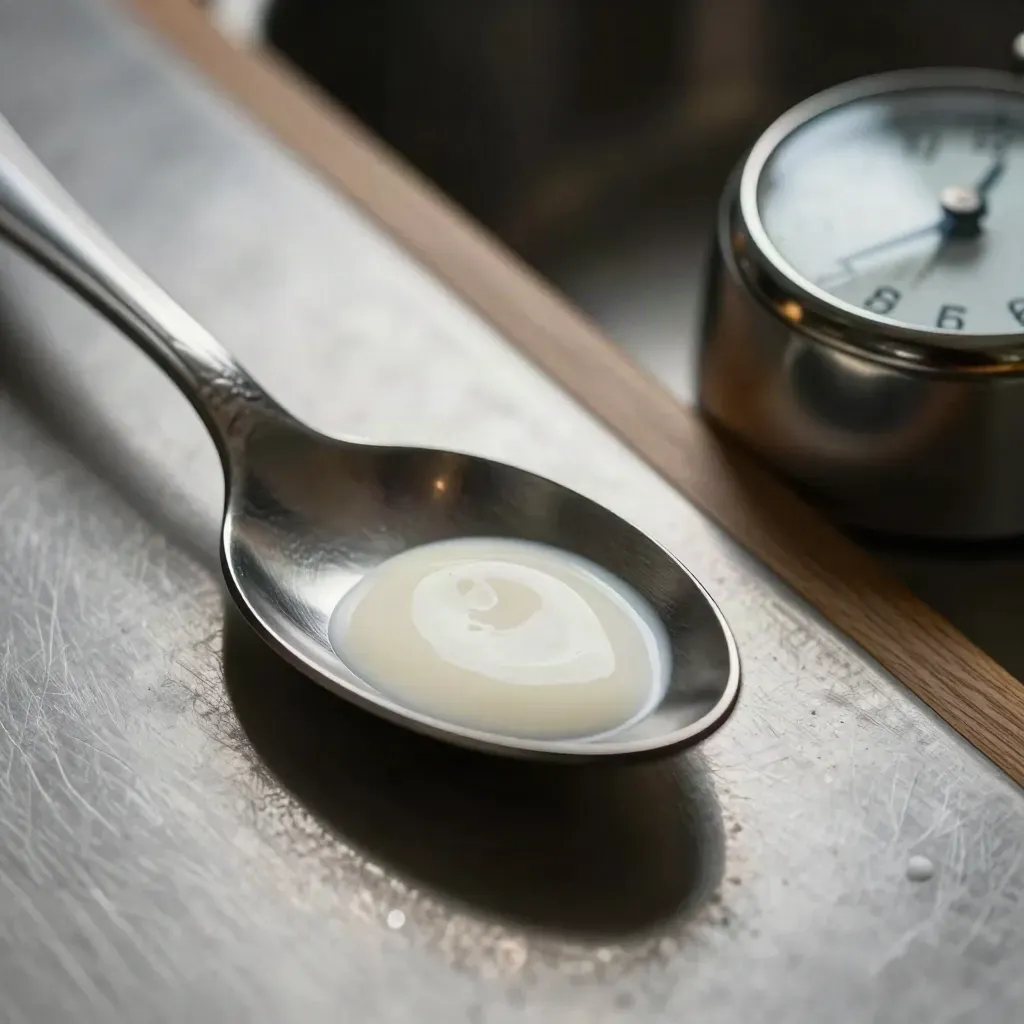 Extreem macro van een tasting spoon, portieschep en keukenwekker op geborsteld metaal.