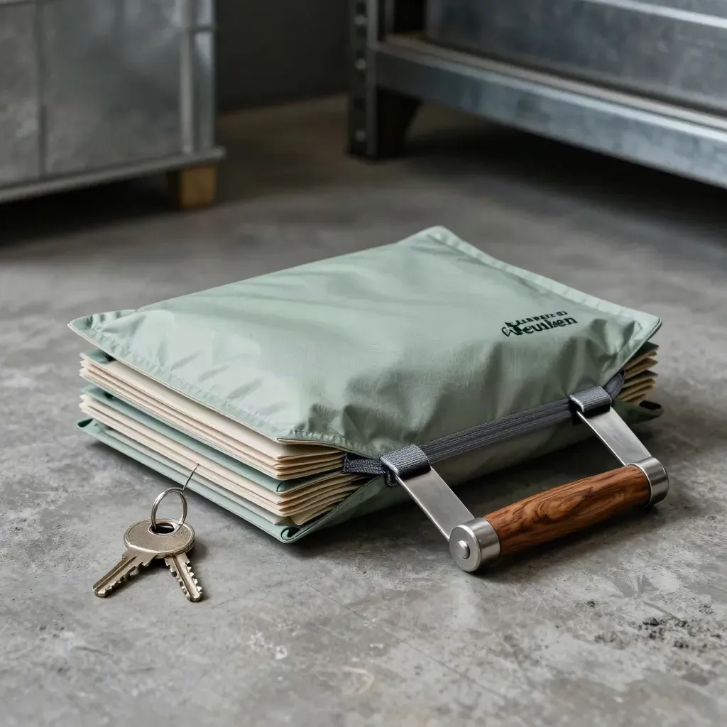Routekit met koelpacks, kratseals en autosleutel op een warehousevloer in dramatisch licht.
