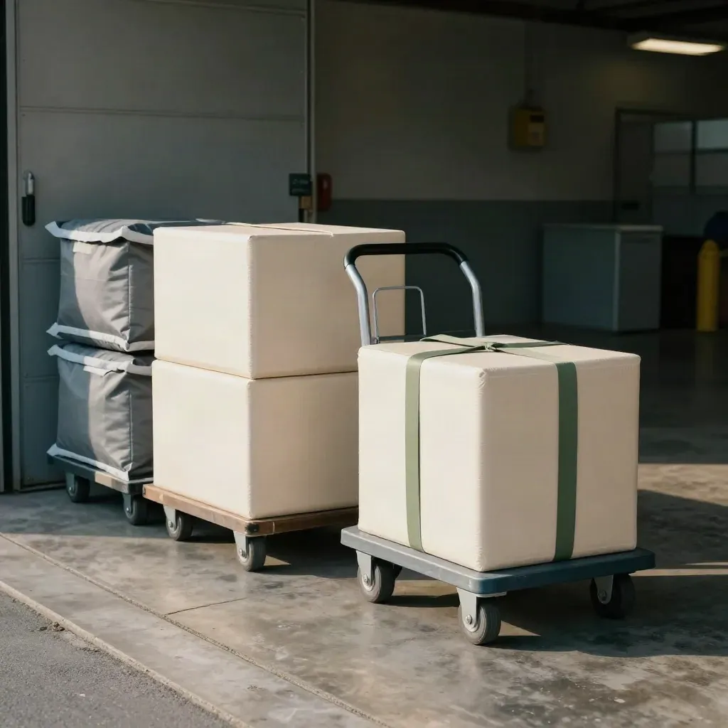Laag beeld van rolcontainer met koelkratten en cold packs in een laadruimte.