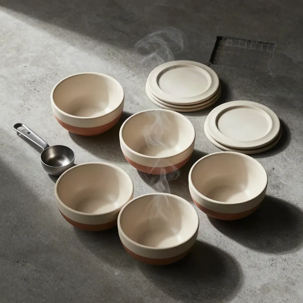 Drie portiebowls met schep en gestapelde deksels op beton, met zachte stoom.