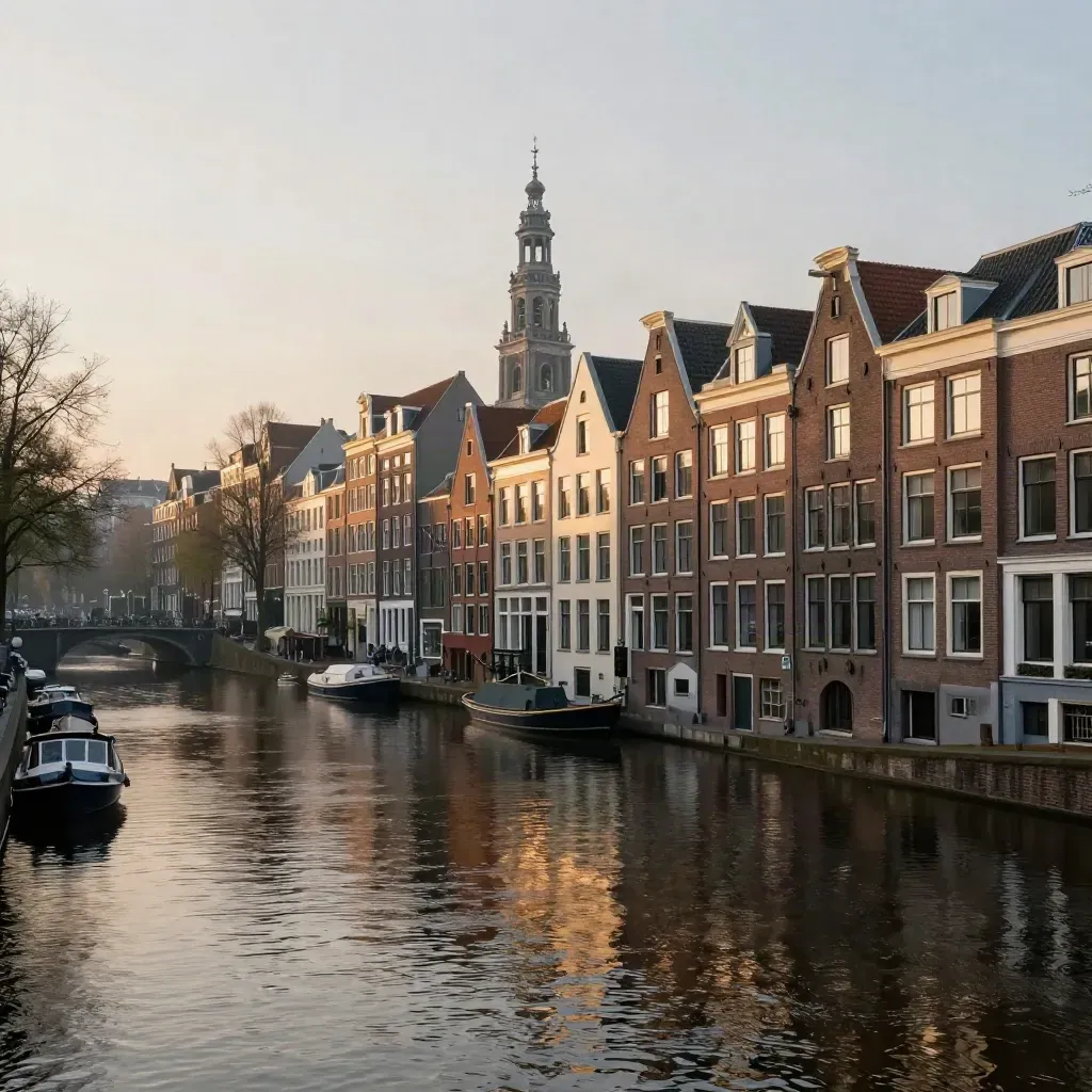Amsterdamse grachten bij zonsopkomst met kerktoren en rustig water