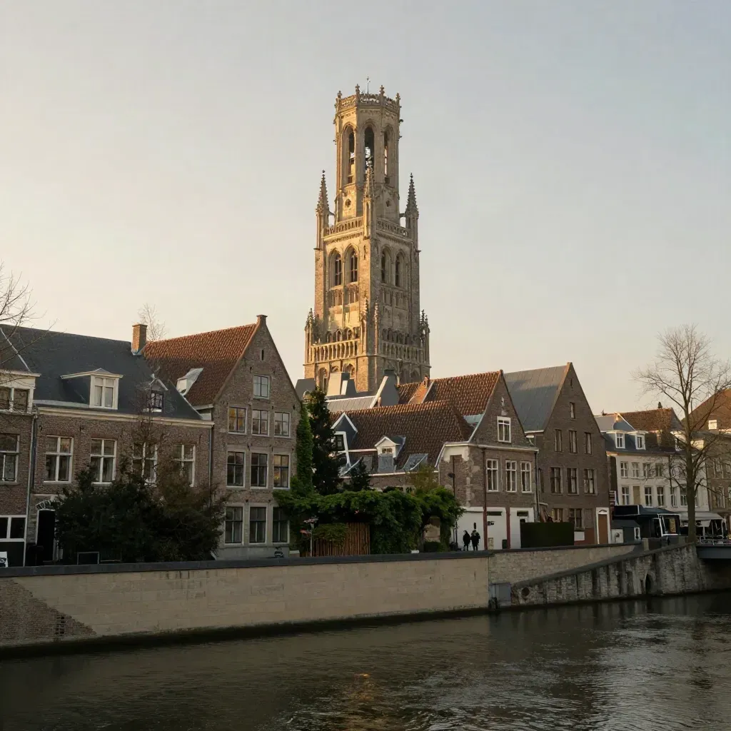 Domtoren boven Utrechtse daken in warme namiddagnevel.
