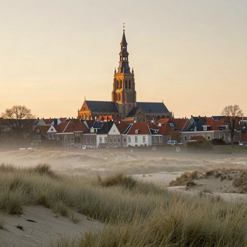 Haarlem met de Grote Kerk boven duinen en mist in warm avondlicht.