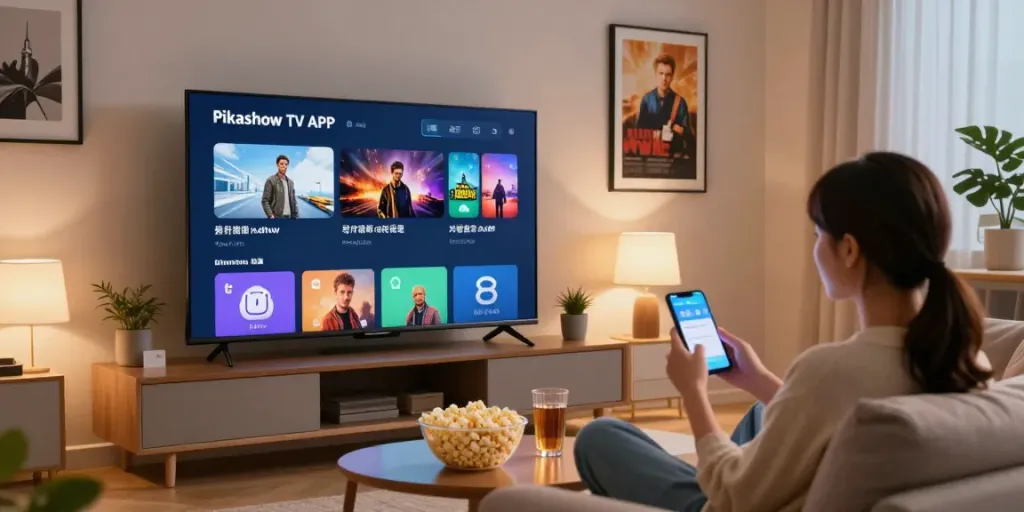 Pikashow TV APK interface displayed on modern smart TV in a cozy living room
