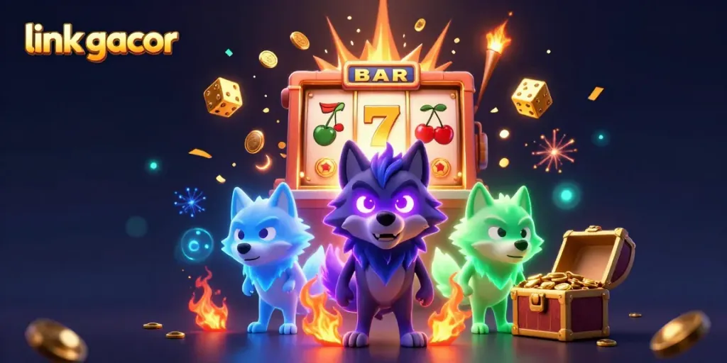 Engage with thrilling gameplay at link gacor featuring a vibrant jackpot scene with glowing wolves and dynamic casino elements.