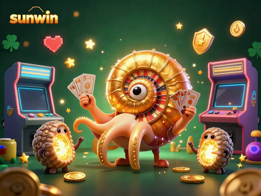 Join the excitement at sunwin with a vibrant 3D casino scene featuring a nautilus roulette wheel and glowing game elements.