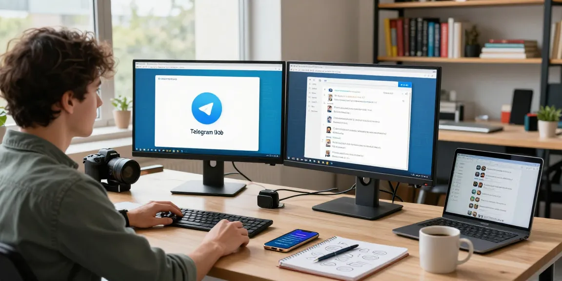 Engaged user utilizing Telegram Web Version on dual monitors in a bright workspace.