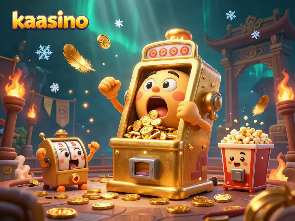 Kaasino's energetic atmosphere shines as a golden slot machine celebrates a jackpot, surrounded by cheering mini-slot machines and festive elements.