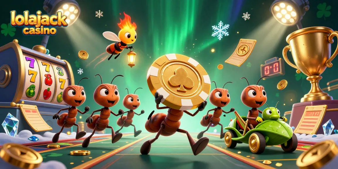 Experience the excitement at lolajack casino with playful ants heisting a golden poker chip in a vibrant setting.