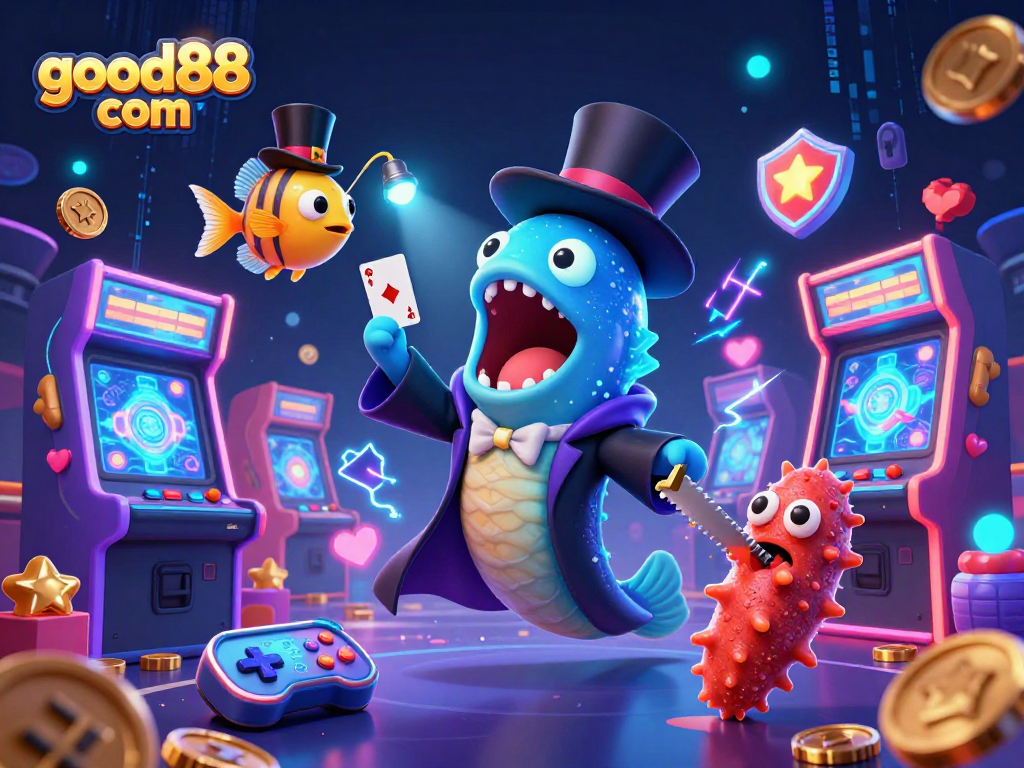 Experience thrilling gaming with good88 com, featuring fun 3D characters in a casino-inspired scene.