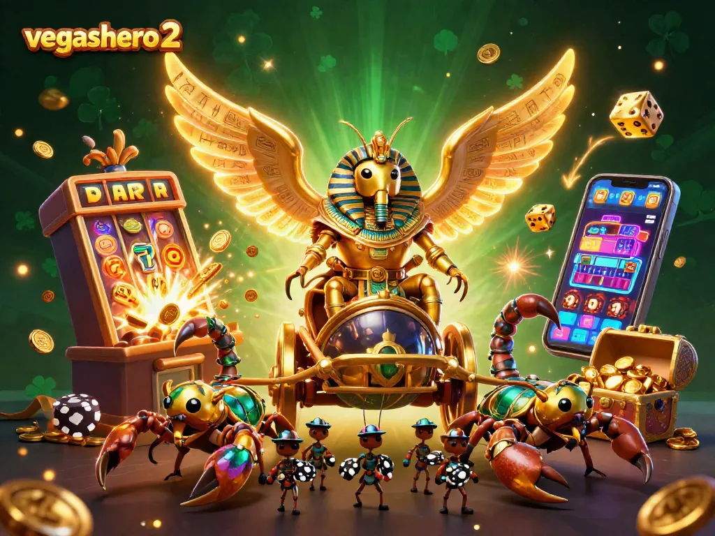 Stunning illustrative scene of vegashero 2 showcasing a gold scarab beetle with casino elements for gamblers.