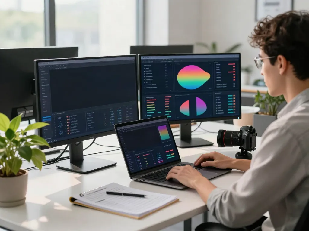 AI brand monitoring workspace with analyst reviewing data on multiple monitors in a modern office.