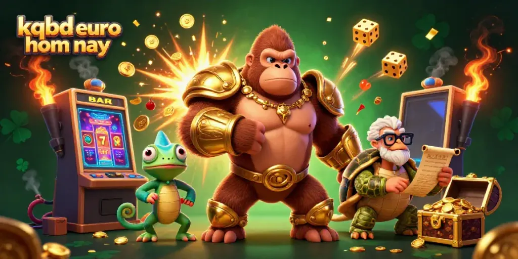 Dynamic scene showing kqbd euro hom nay with a king gorilla, chameleon, and tortoise amid casino elements.