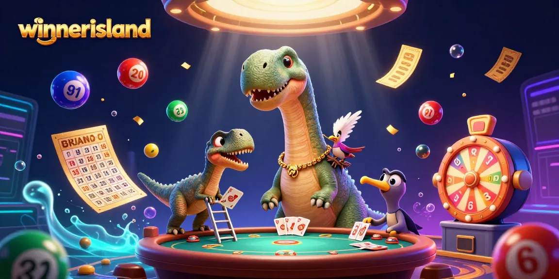 Engage with winnerisland's thrilling 3D casino scene featuring vibrant gaming elements and cartoon characters.